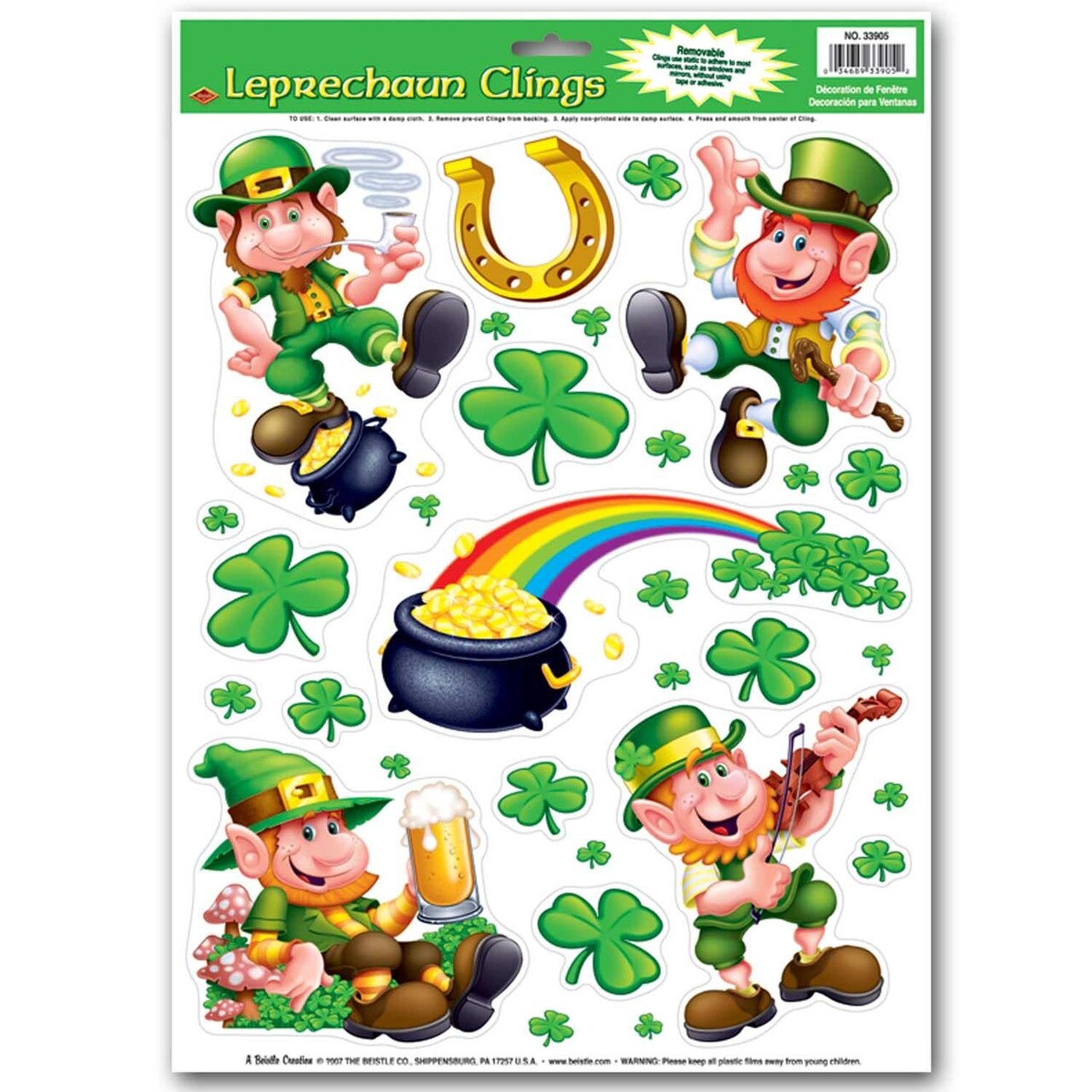 12 Pack Bulk St. Patrick's Day Leprechaun/Shamrock Cling Sheets